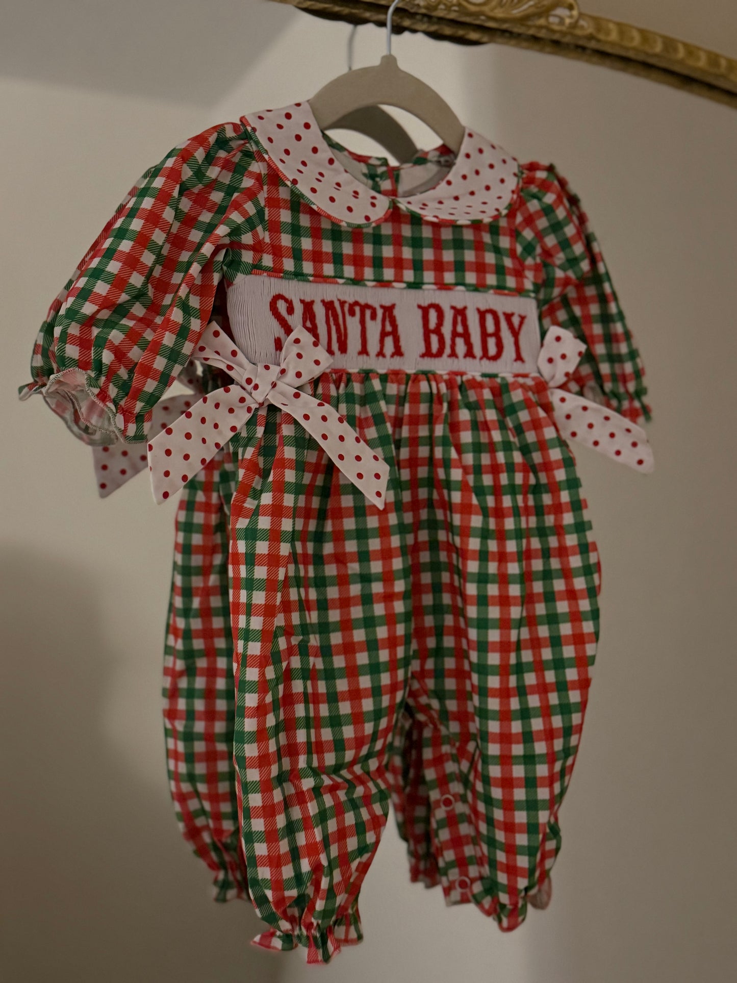 ‘Santa baby’ Girl Smocked Jumpsuit RTS