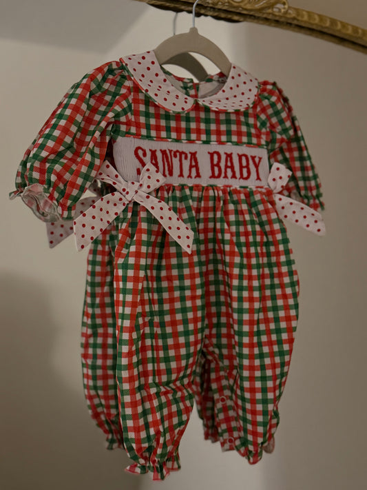 ‘Santa baby’ Girl Smocked Jumpsuit RTS